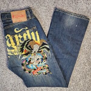Ed Hardy Jeans Men 32x32 Y2K Tattoo Eagle Skull Graphic Denim Excellent